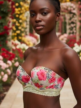 PINK Victoria's Secret Floral Strapless Longline Bandeau - Pink & Yellow